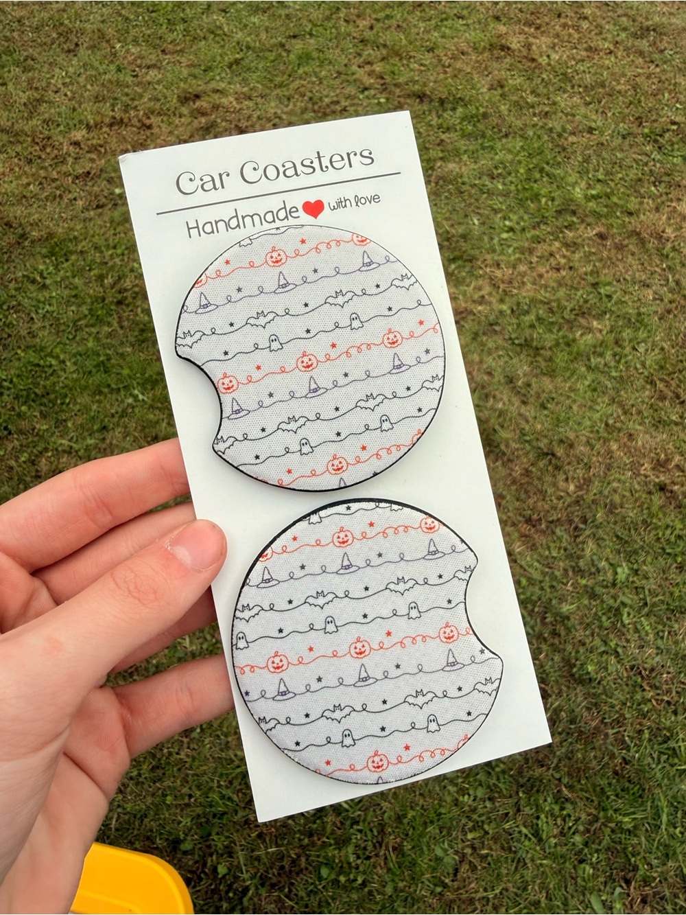Handmade White & Orange Halloween Pattern Car Coasters - Set of 2